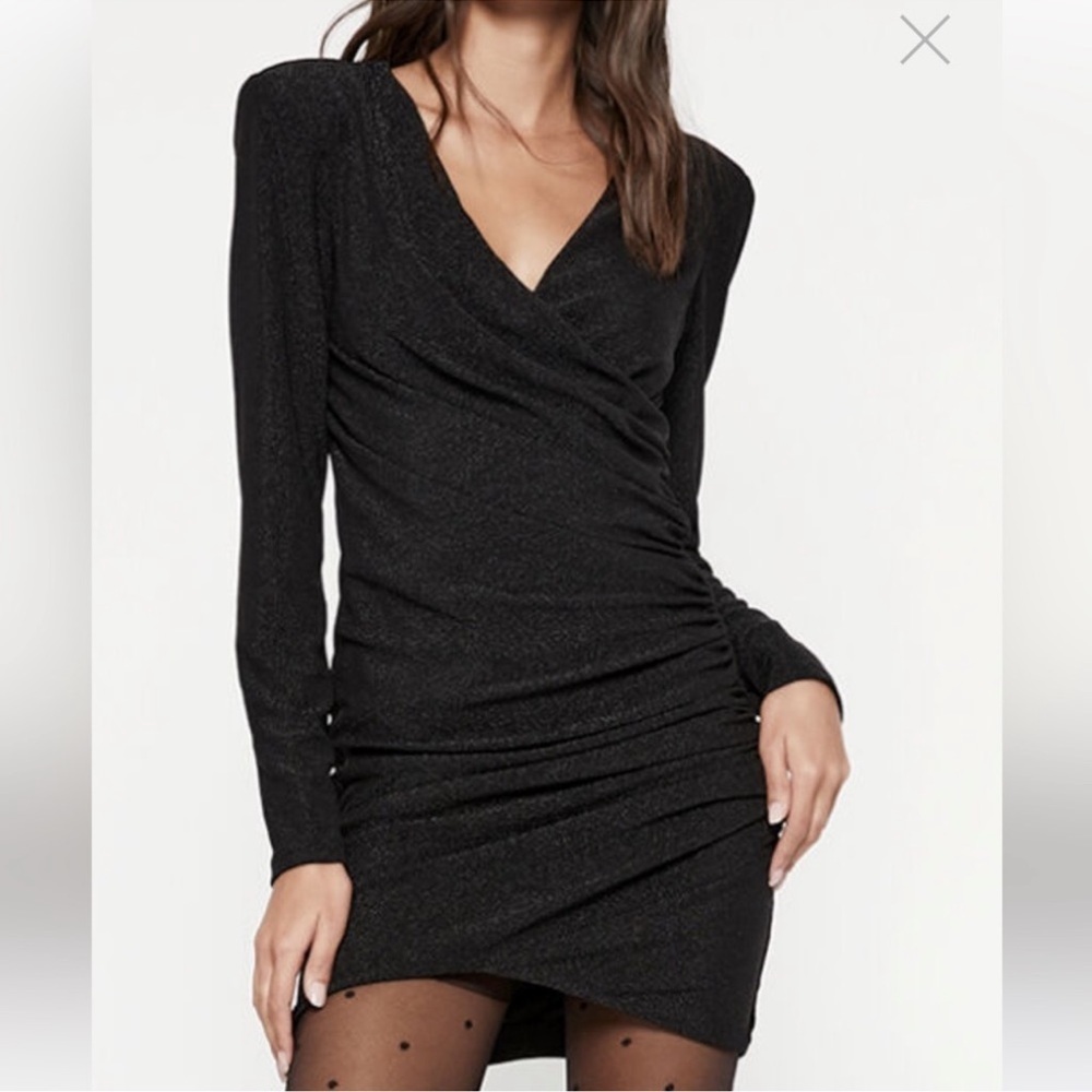 Bardot Isla Mini Lurex Dress Metallic Black Shimmer Wrap Ruche Shoulder Pads